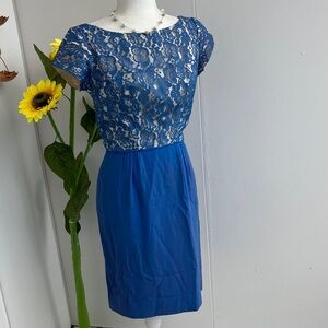 Vintage 50s 60s Cerulean Blue and Cream Lace Midi Short Sleeve Wiggle Dress